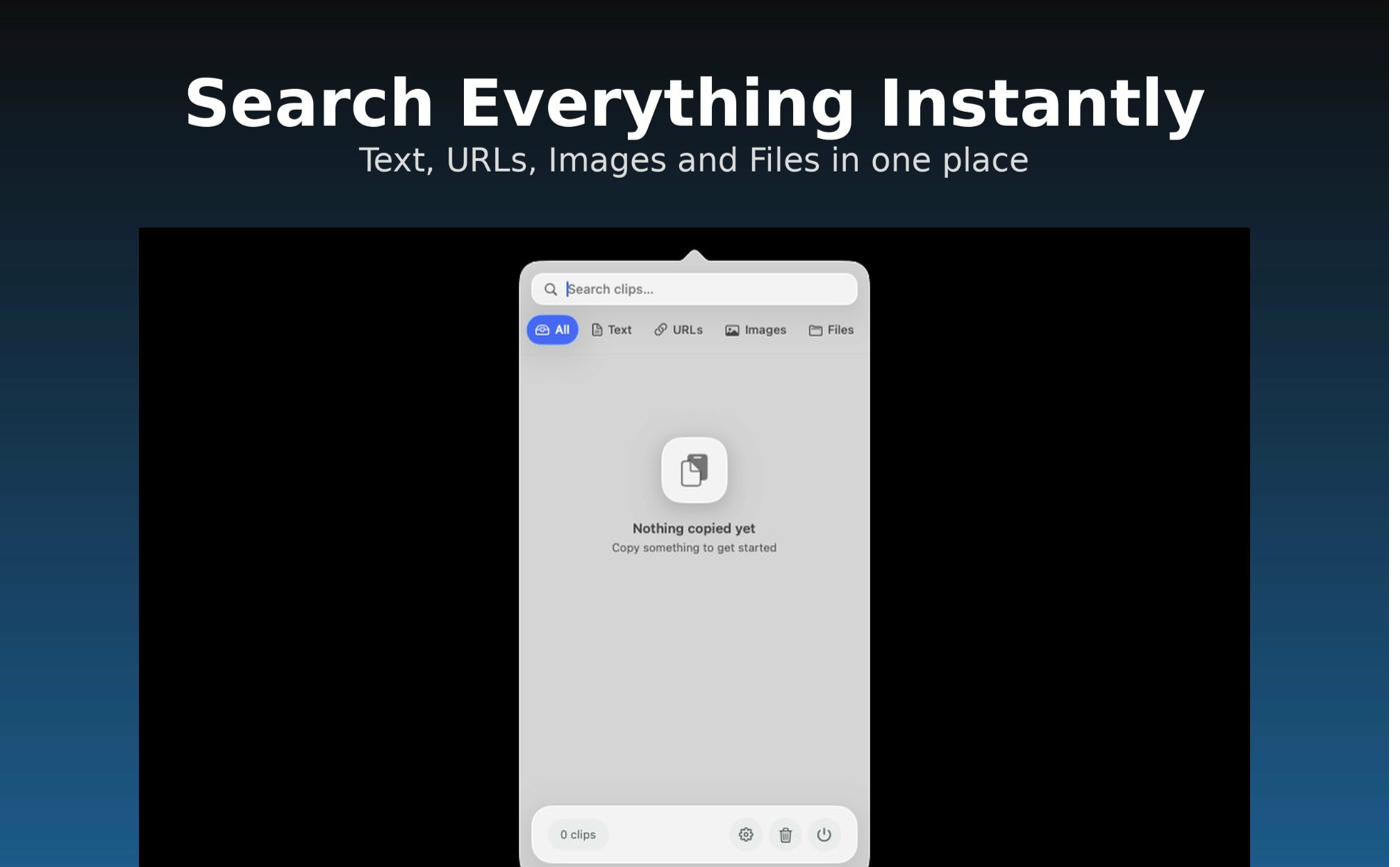 Clipfinity clipboard manager for macOS — instant search interface showing clipboard history