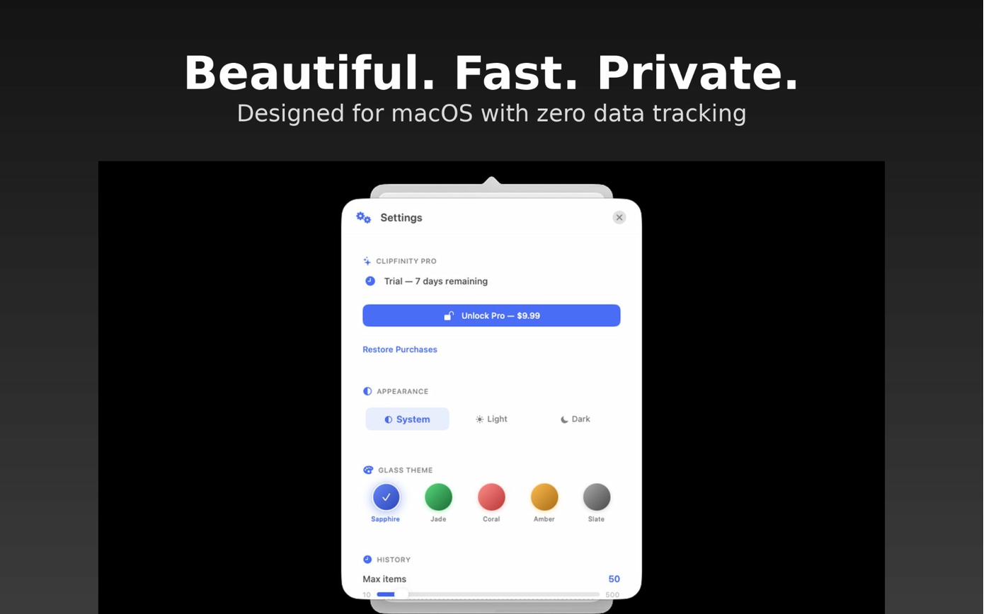 Clipfinity dark mode clipboard manager interface on macOS