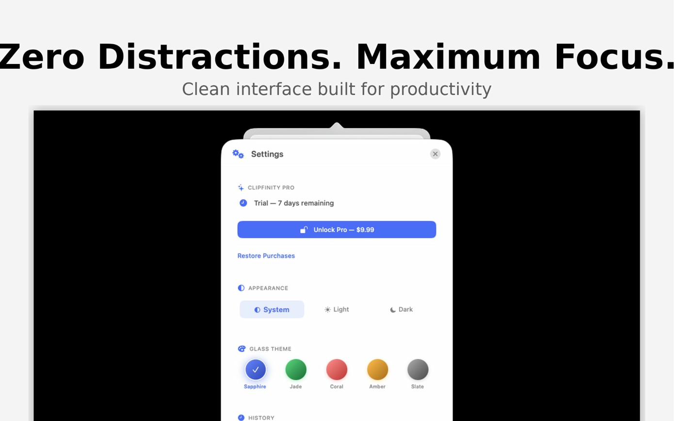 Clipfinity settings panel showing glass theme customization options